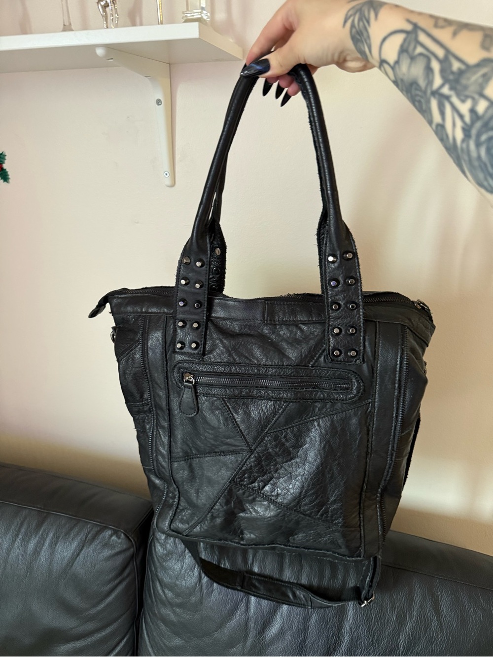 Studded Black Leather Tote Bag with Skull Accent - Picture 4 of 9